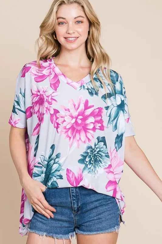 BOMBOM Floral V-Neck Short Sleeve T-Shirt 73d2a12f98ce4f32be3fc48390bf36a4-Max-Origin