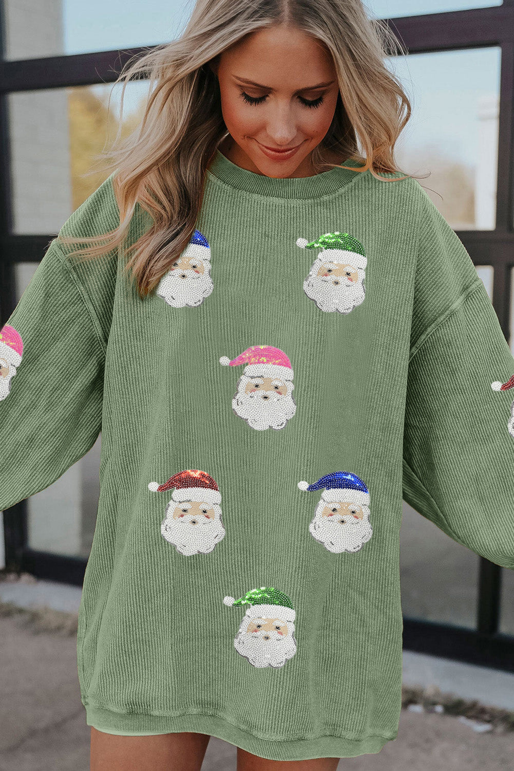 Grass Green Corded Ribbed Santa Claus Graphic Sequins Patch Sweatshirt 73d3896178eb42a8