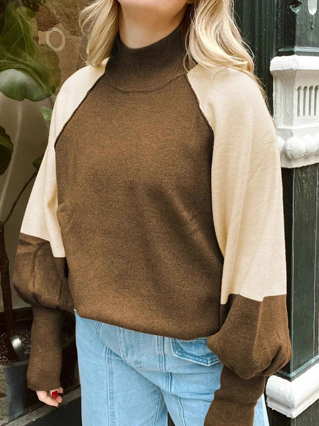 Color Block Mock Neck Long Sleeve Sweater Taupe 73d3d8a5cd354427b92cd152695d46ac-Max-Origin