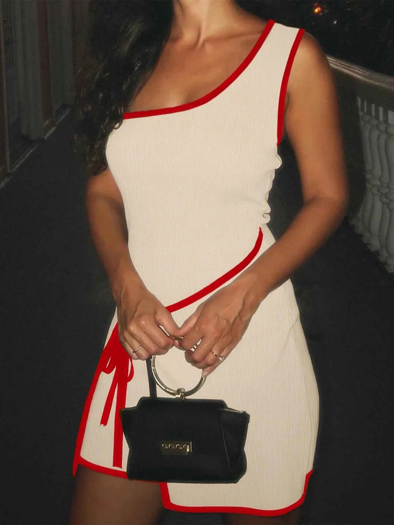 Contrast Trim Single Shoulder Mini Dress Scarlet 73d94fda-a8cf-480d-805e-b44f7b643729-Max-Origin