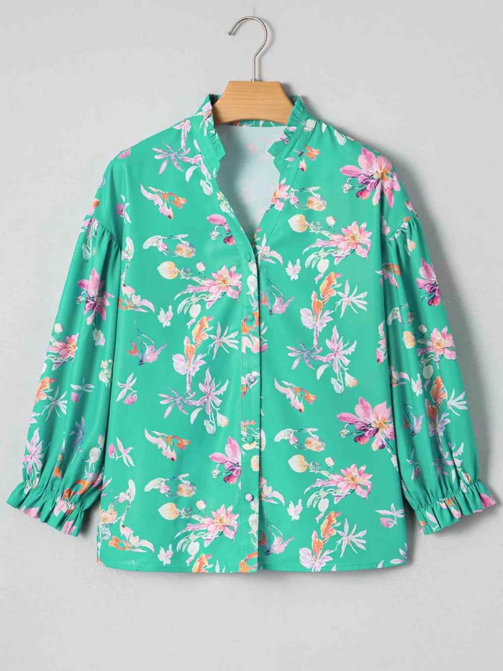 Floral Lantern Sleeve Button Front Shirt 73f143f2cfab4f2186cfc2e42d790556-Max-Origin
