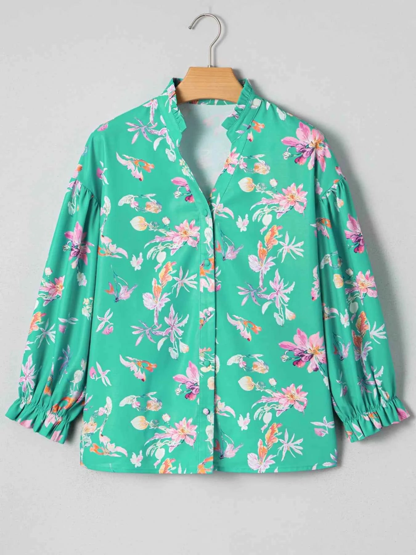 Floral Lantern Sleeve Button Front Shirt 73f143f2cfab4f2186cfc2e42d790556-Max-Origin