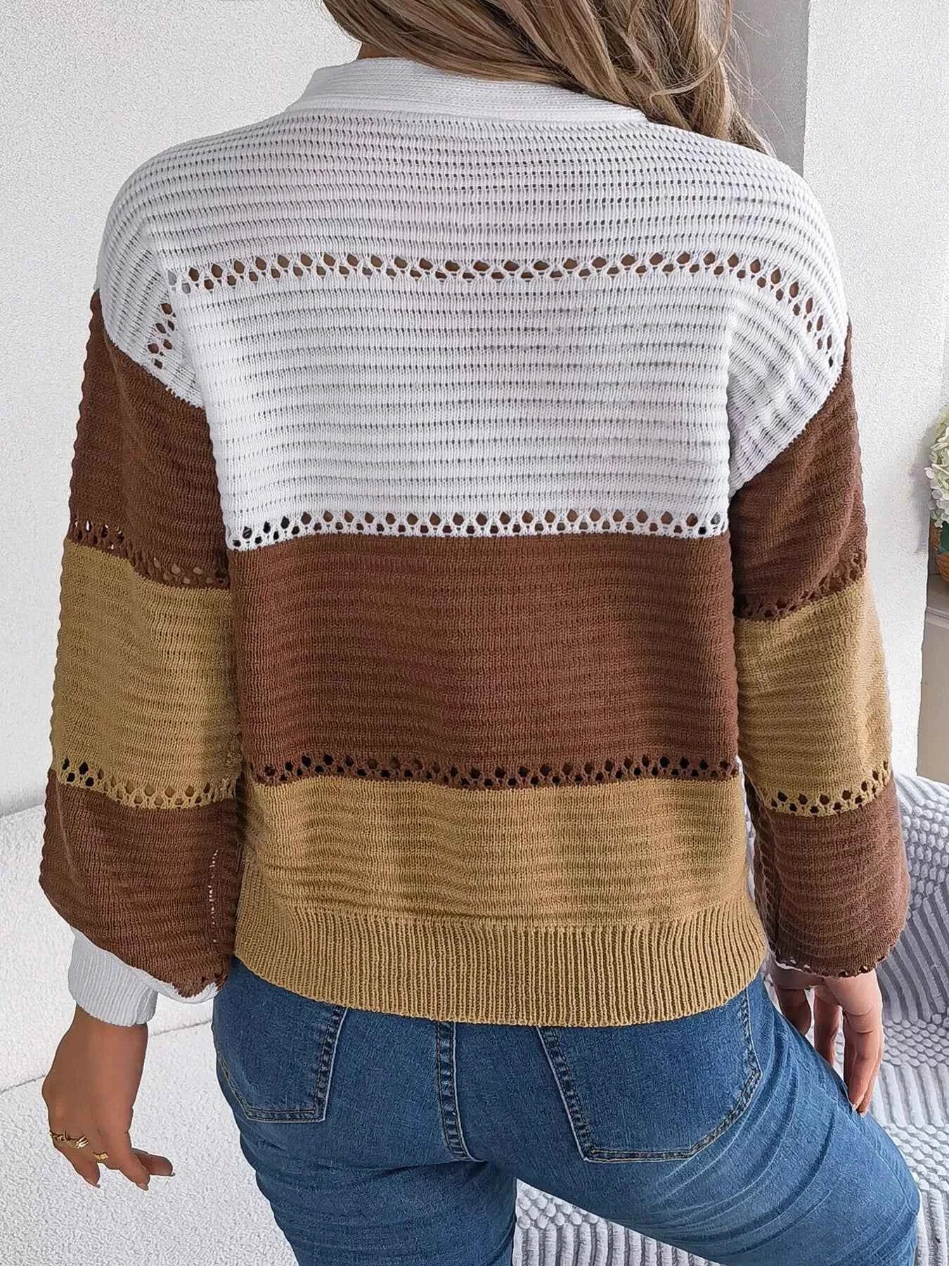 Color Block Striped V-Neck Button Detail Sweater 7411f92fcf3a42398db591a0a51afab4-Max-Origin