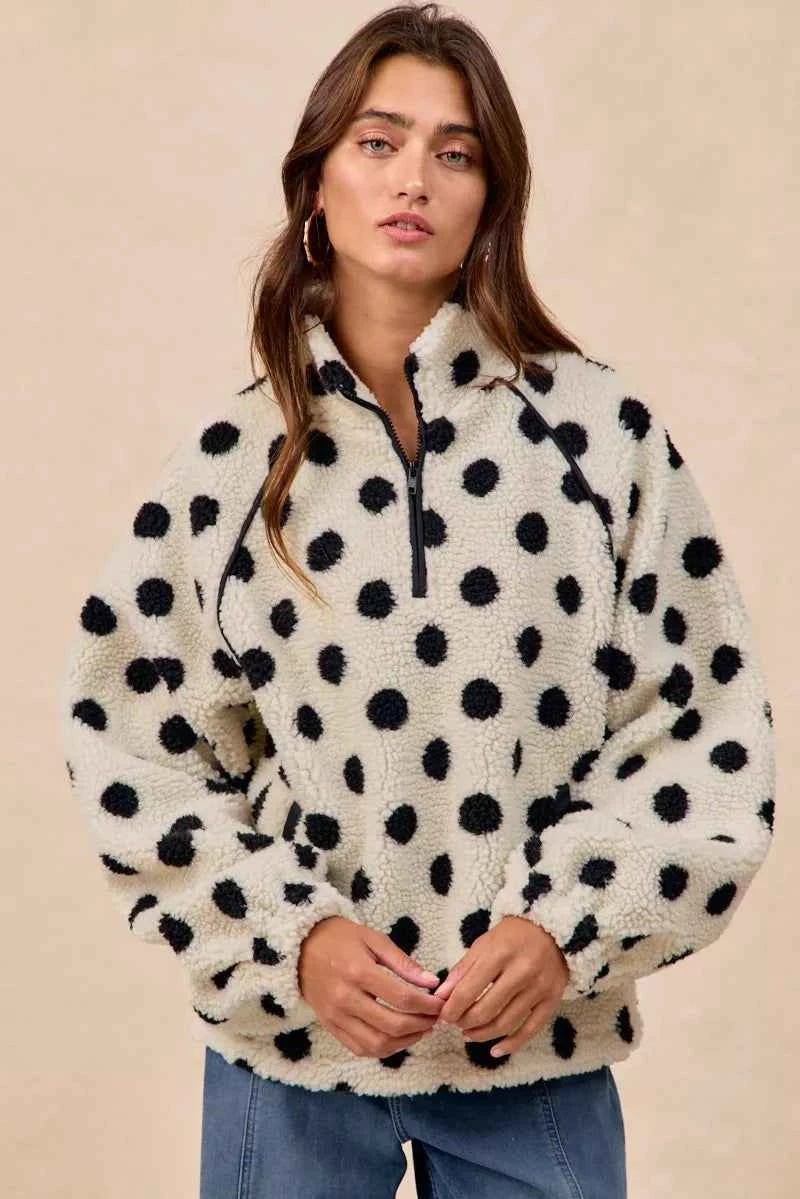 BiBi Polka Dot Sherpa Half Zip Up Top with Side Pocket IVORY BLACK 74303ae6-f2e4-439f-aa17-542865355c3a-Max-Origin