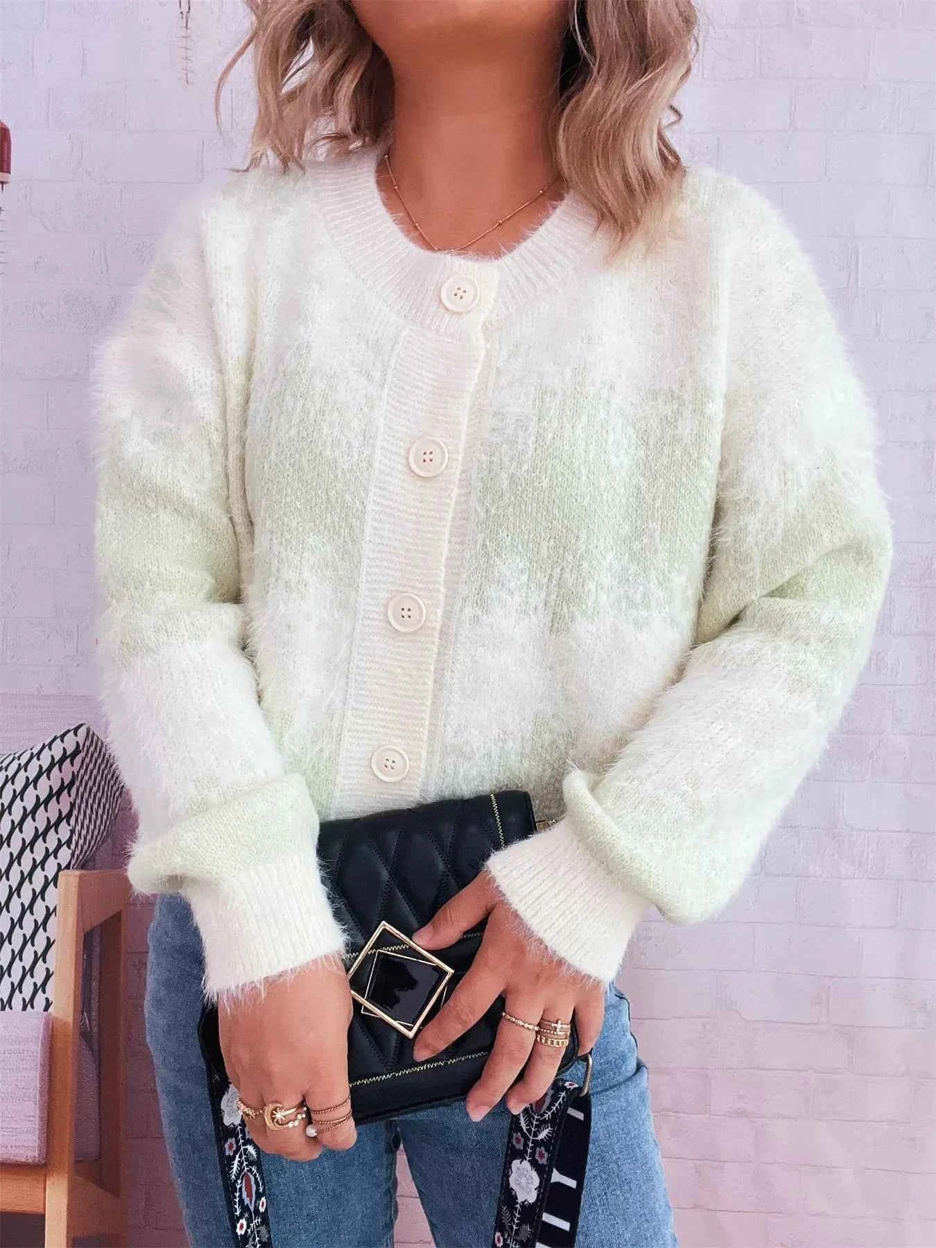 Ribbed Hem Button Up Cardigan Green One Size 7444e0821bed42c9ba7769a904c4769f-Max-Origin