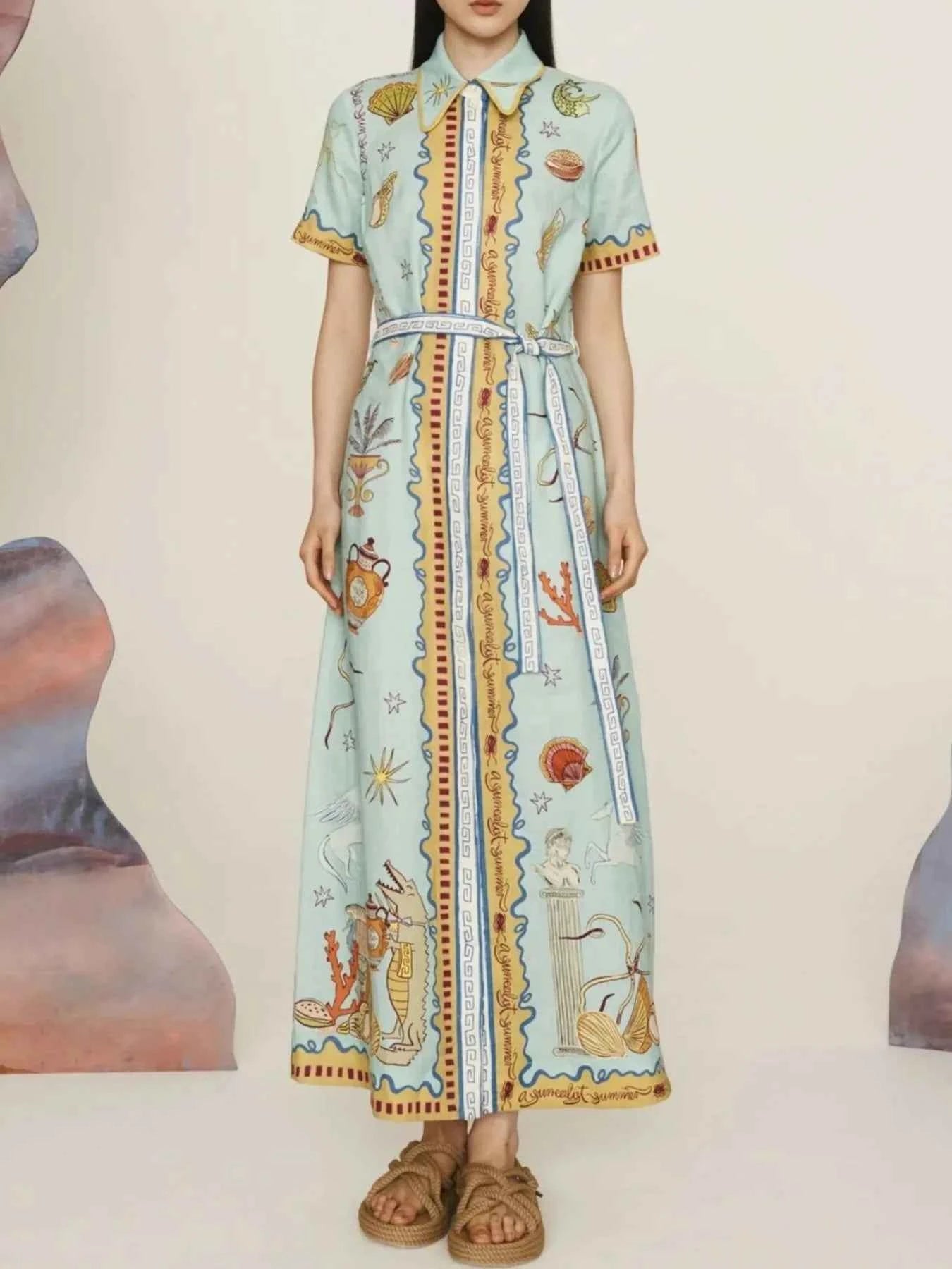 Printed Short Sleeve Maxi Shirt Dress with Belt Multicolor 74455a74-4845-4298-b4d9-ad5a982888f8-Max-Origin