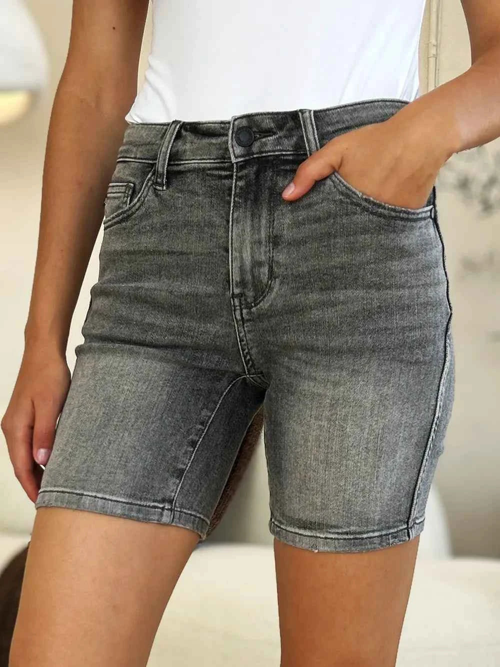 Judy Blue Full Size High Waist Washed Denim Shorts GREY 7446e849-665f-47b6-b8f1-76bfc2e5934b-Max