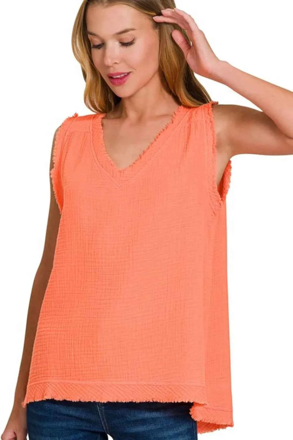 Zenana Double Gauze Raw Edge V-Neck Tank CORAL 744e269f-228a-404e-b4f9-67dcb611c716-Max-Origin