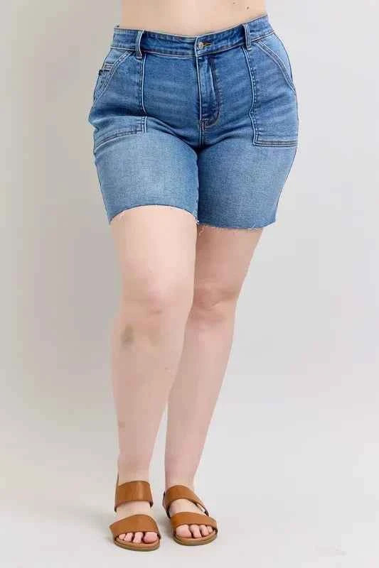 Judy Blue Full Size Mid Rise Bermudas Denim Shorts W/ Back Flap Pockets Plus Size 74607e43-ebcf-4a11-a768-6e8b9a84a0e2-Max-Origin
