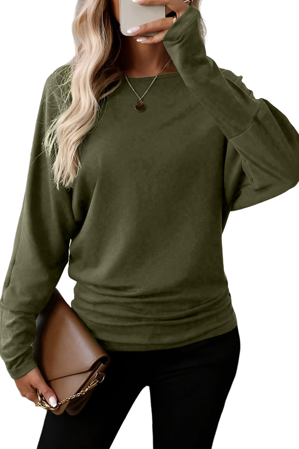 Green Solid Color Round Neck Dolman Sleeve Top Four Leaf Clover 75%Polyester+20%Viscose+5%Elastane 74607e64303cee21