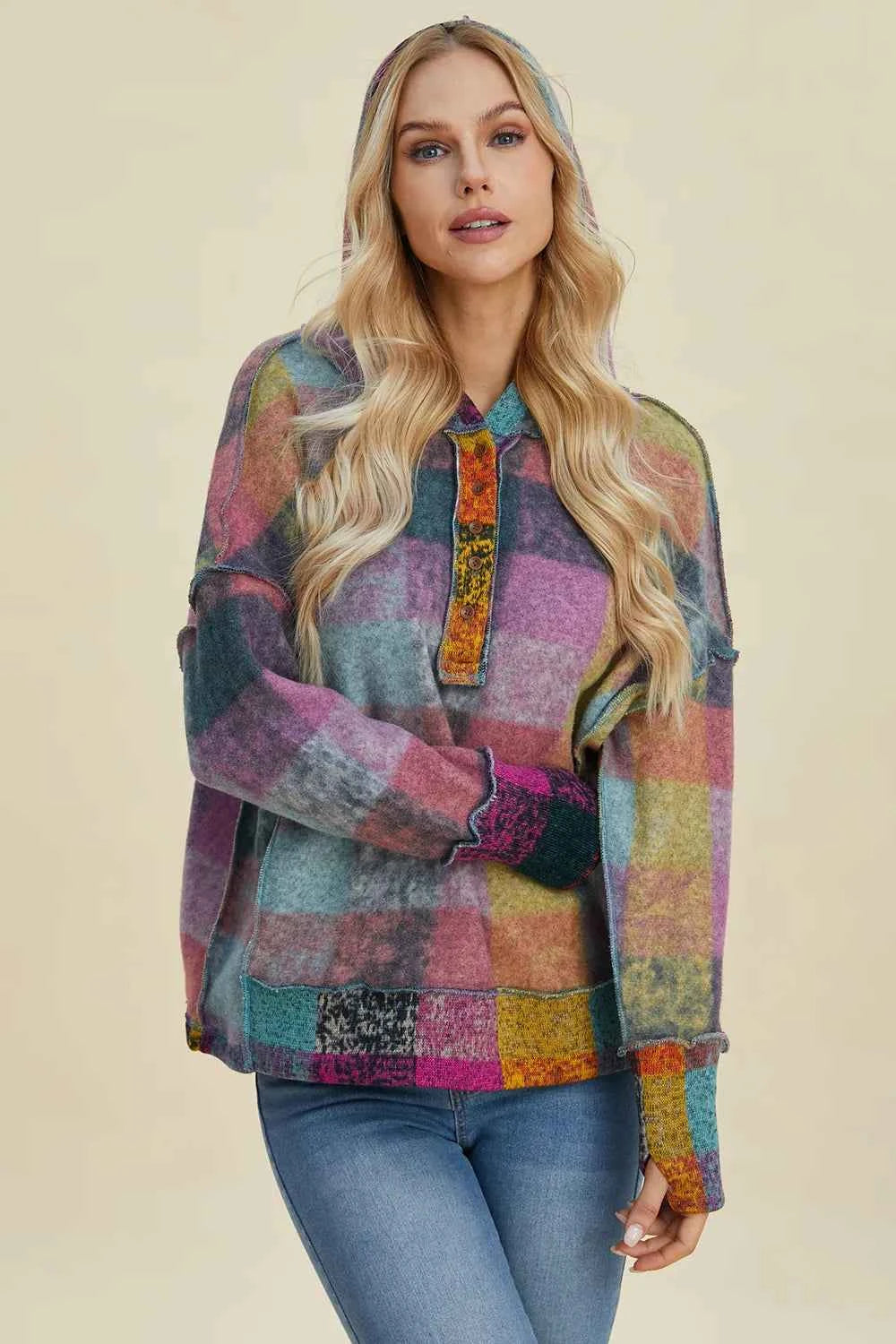 Double Take Full Size Plaid Dropped Shoulder Fleece Hoodie 7461f38b-928d-490b-a2d1-e90f975c880b-Max