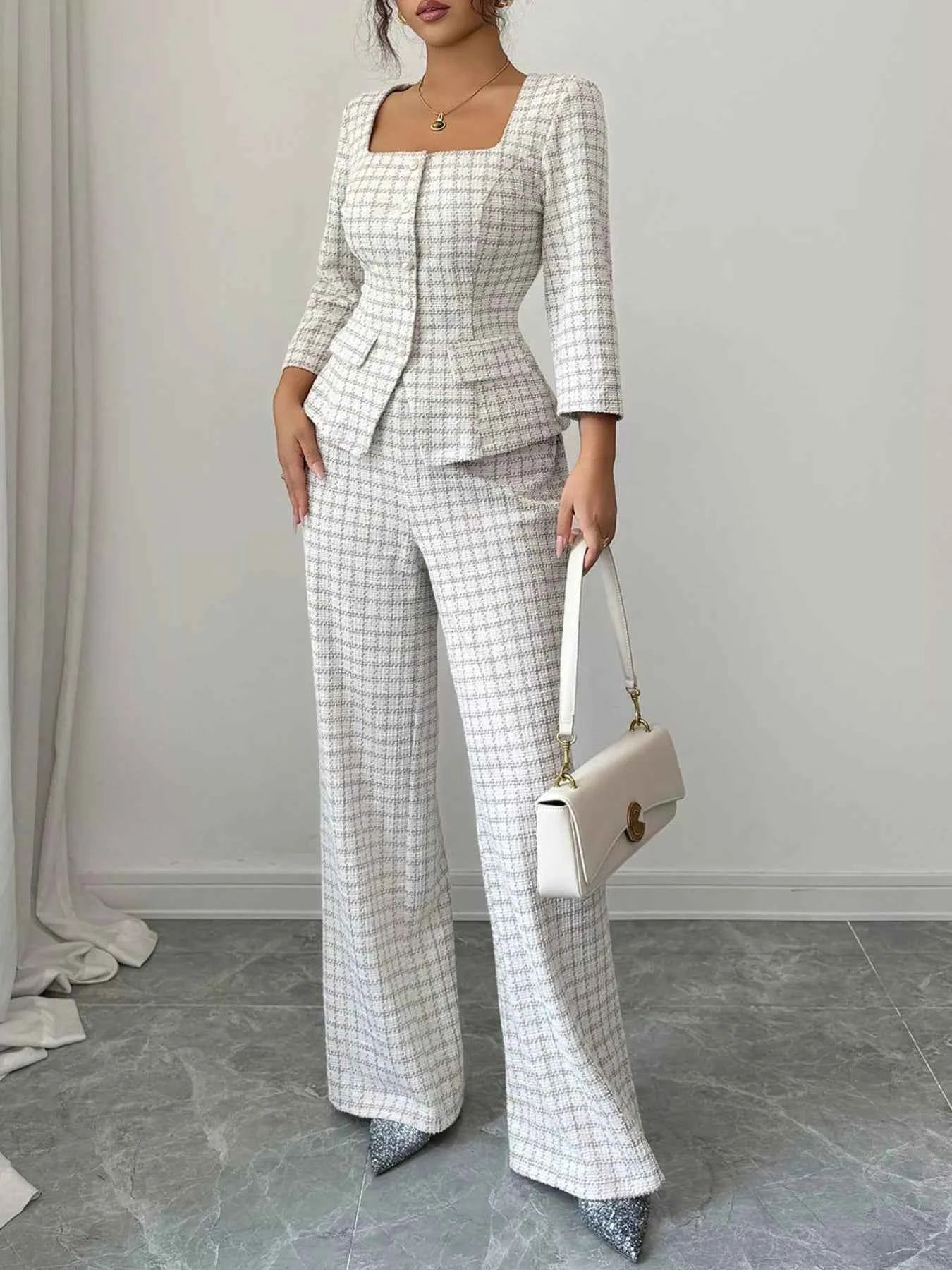 Plaid Square Neck Button Up Top and Pants Set Apricot 746a4023-a847-4f1a-844a-ae67008523c5-Max-Origin