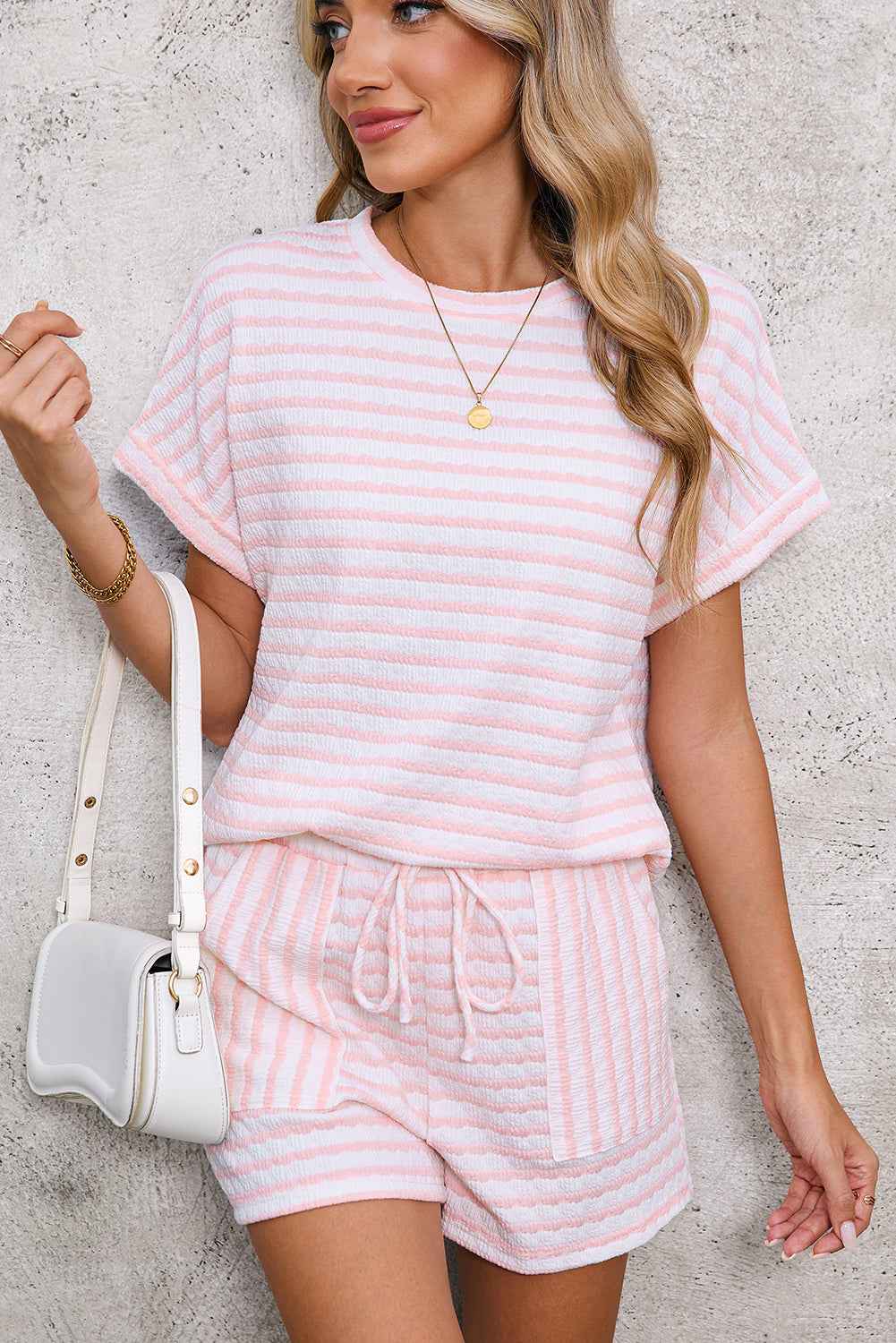 Sky Blue Striped Print Short Sleeve Top and Pocket Shorts Set 7485f315fd0d656c