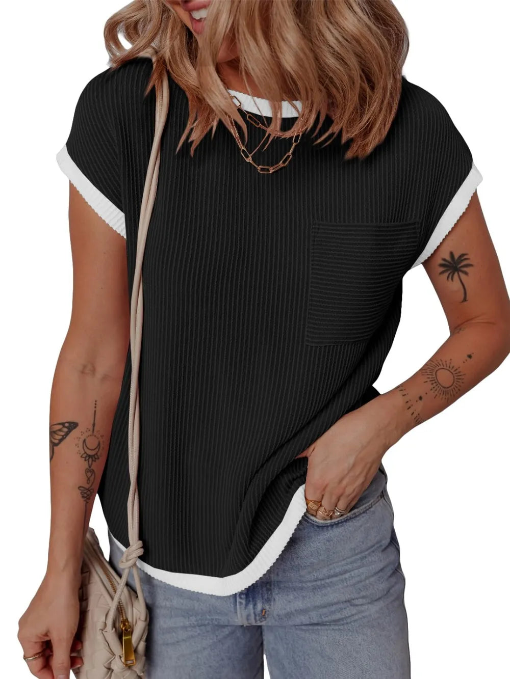Contrast Trim Round Neck Short Sleeve T-Shirt 748615a0-d022-4fd8-8616-d0a001078b3e-Max
