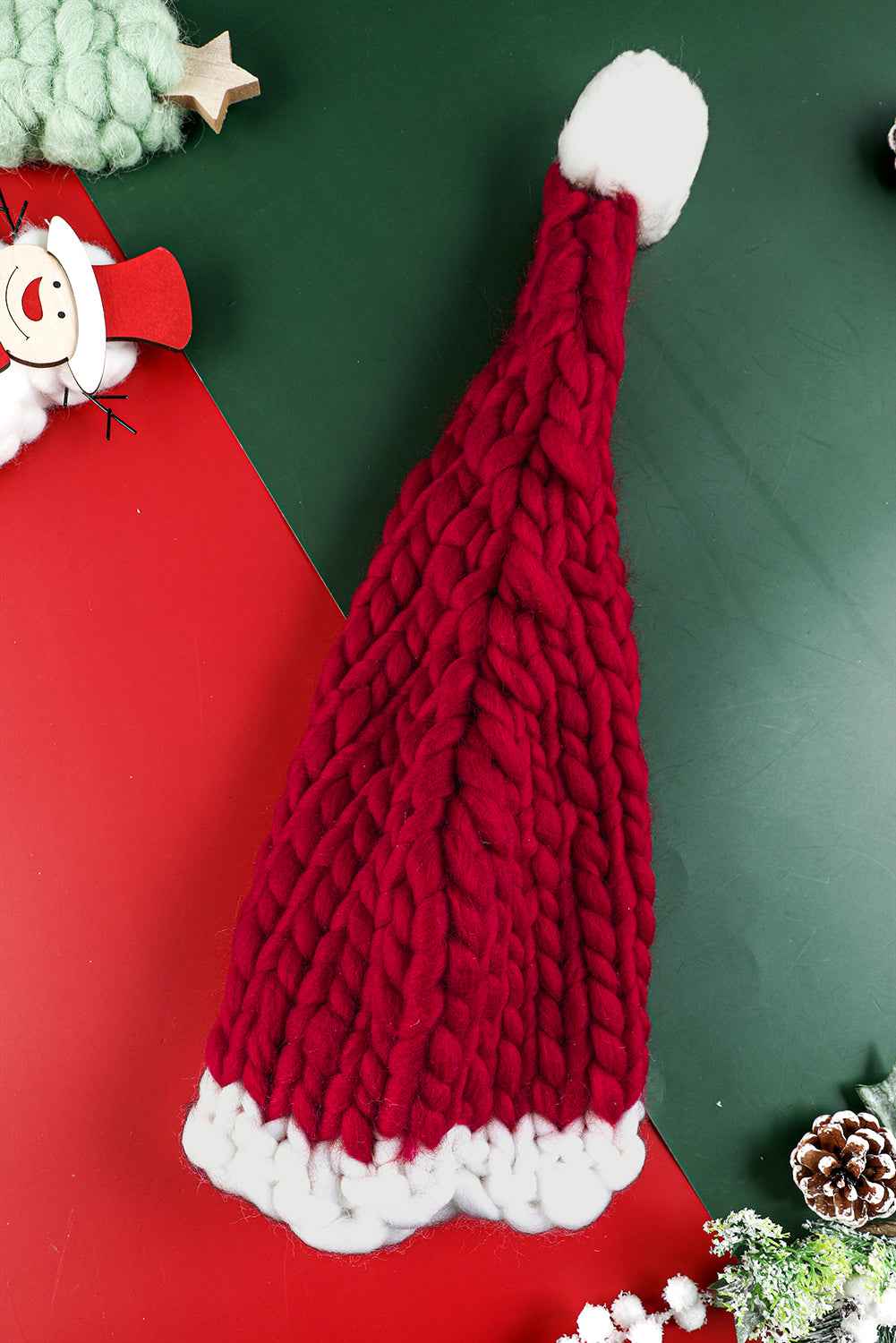Red Dahlia Color Block Pom Pom Decor Chunky Knitted Christmas Hat 74a574e635c02cff
