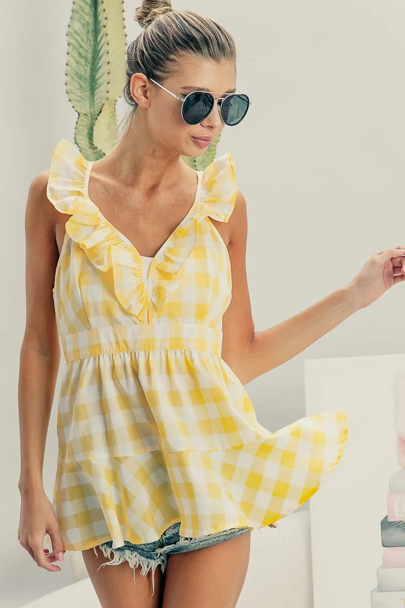 BiBi Ruffled Neckline Sleeveless Check Plaid Peplum Top LEMON IVORY 74bf245f8c004526b64135ac6c3aab71-Max-Origin
