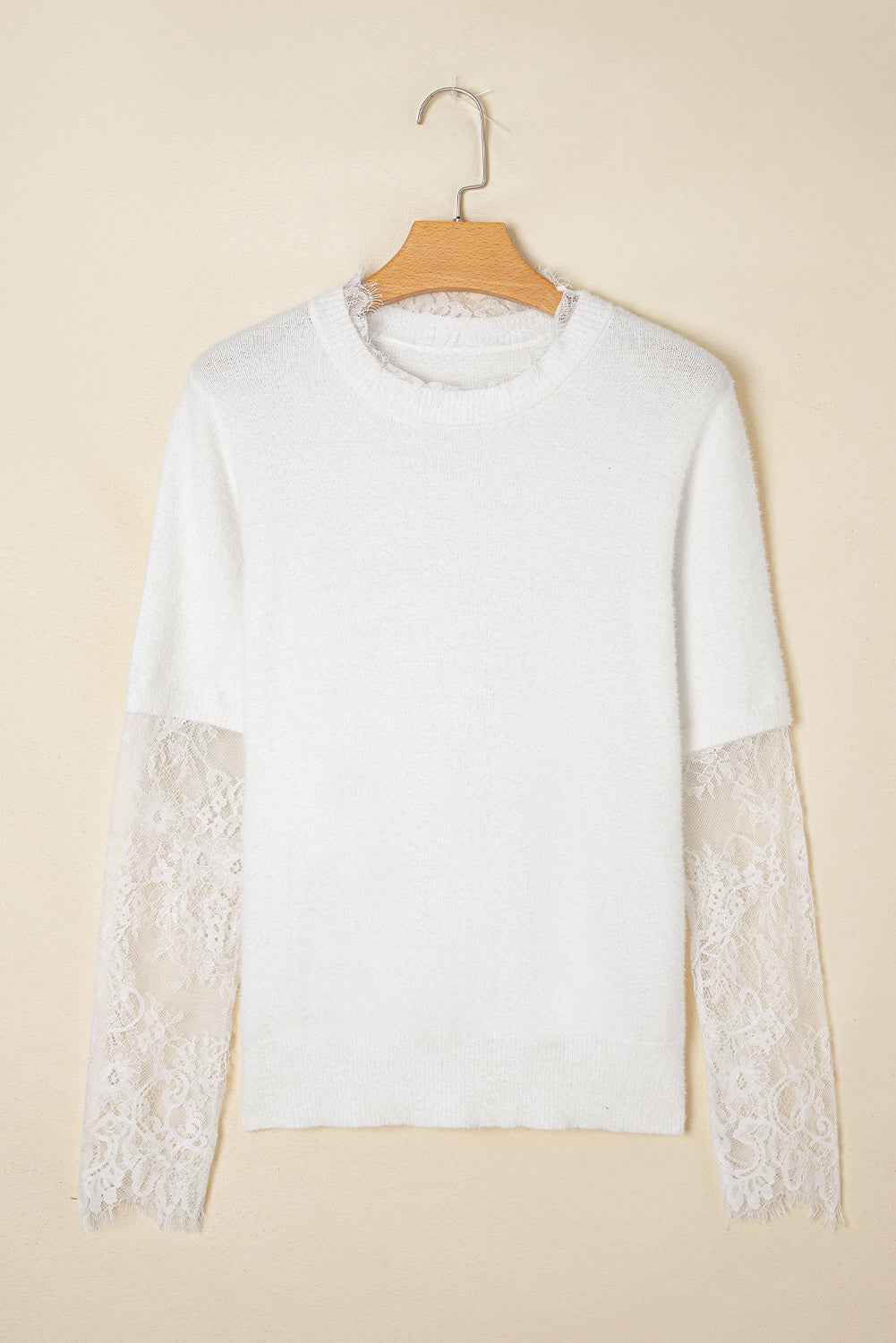 Beige Lace Sleeve Patchwork Faux Two-piece Fuzzy Sweater 74c3ad51fd952db3