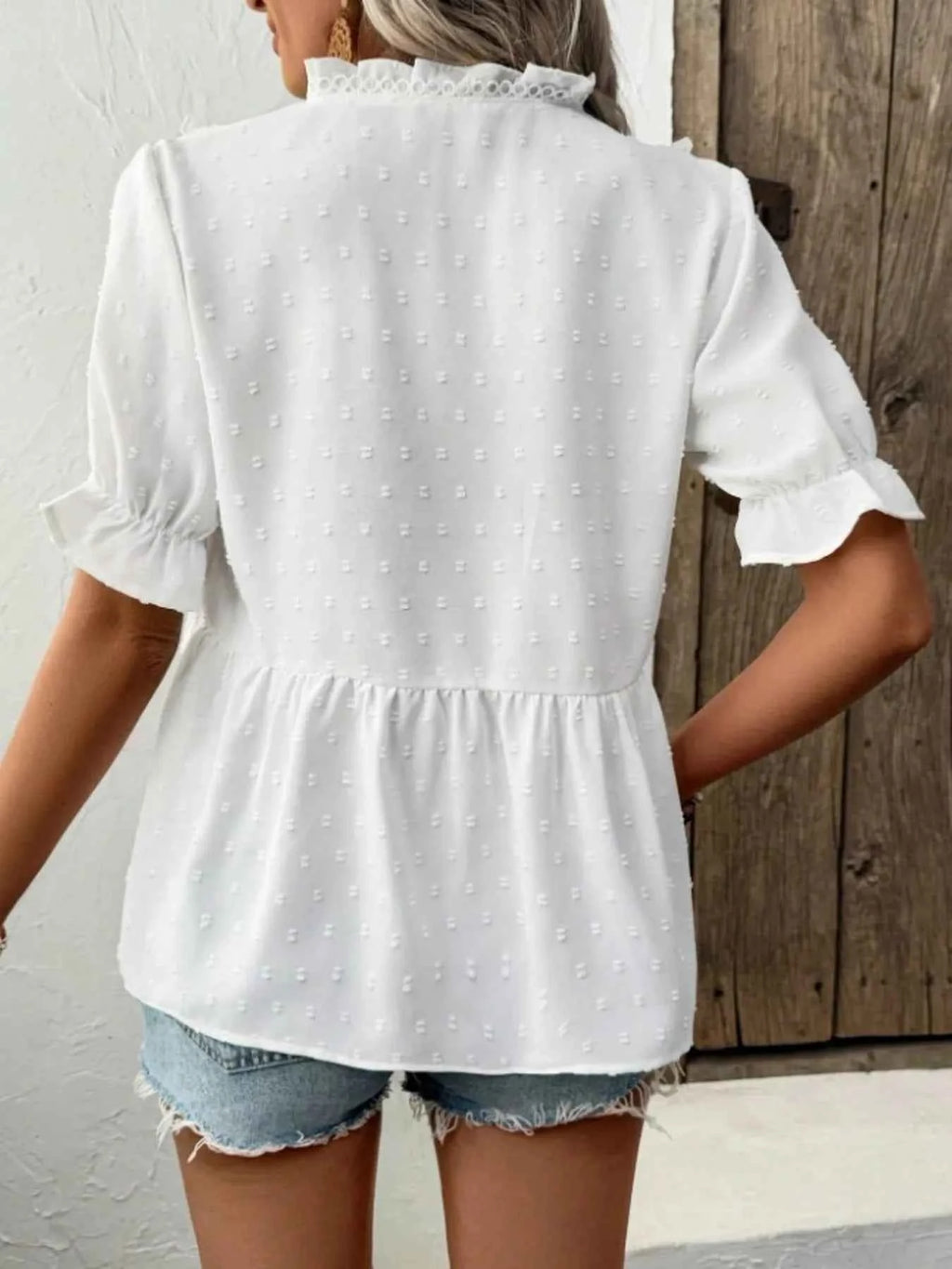 Swiss Dot Ruffled V-Neck Blouse with Flounce Sleeves 74cd23b32f4f4478b455061f938b4074-Max-Origin