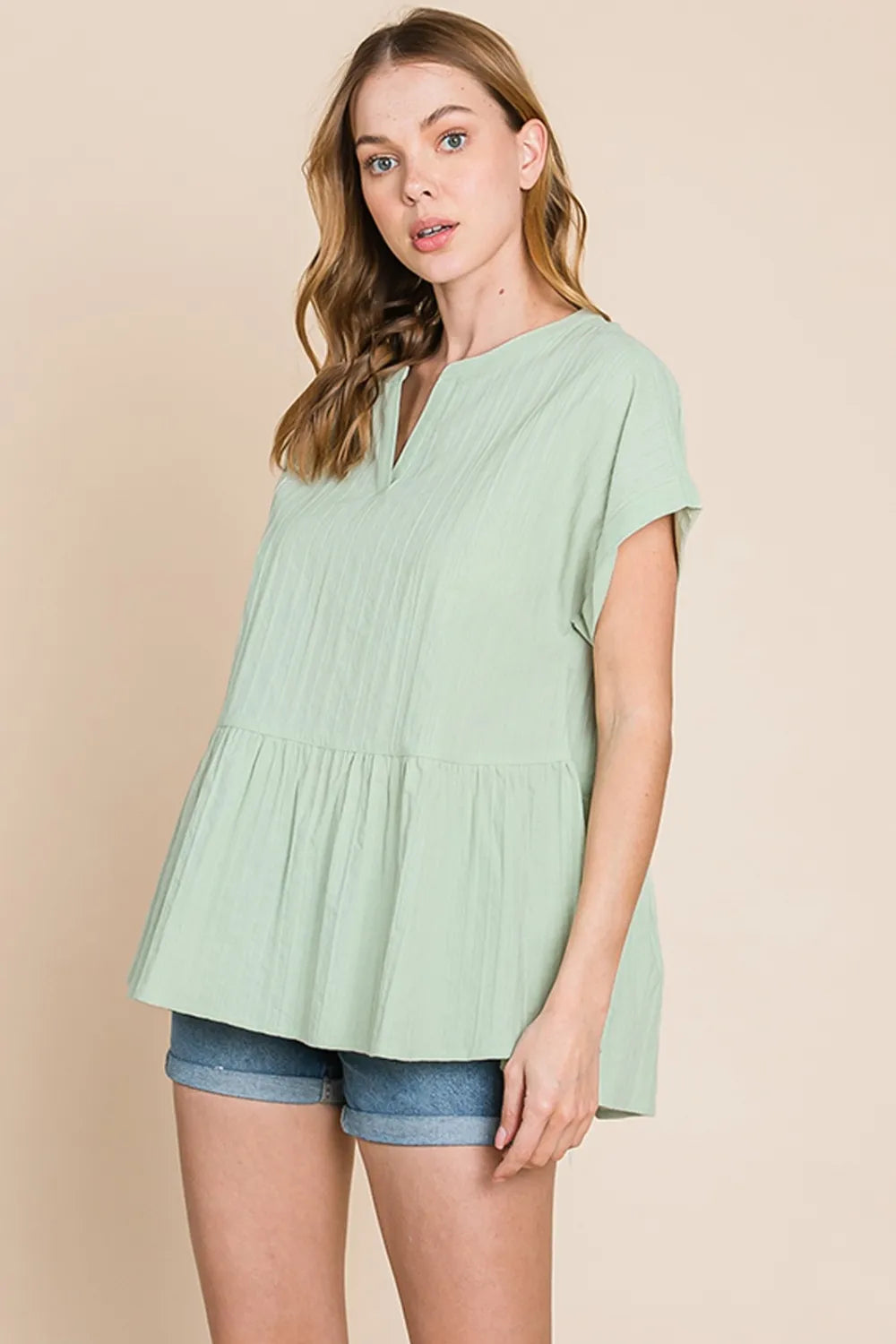 Cotton Bleu by Nu Lab Ruched Notched Short Sleeve Blouse Sage 74d6de7b-0bb9-46f9-b6d8-383ed35c7c4b-Max