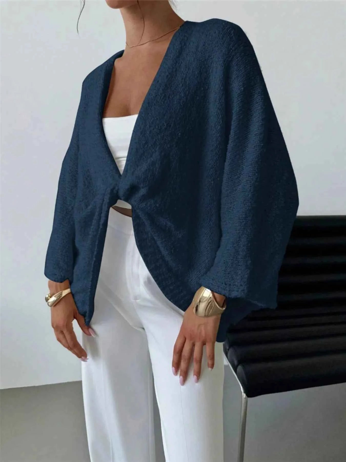 Twist-Front Textured Knit Cardigan Dark Blue 74d9e2de3c974a658c5f788ce5bc80f4-Max-Origin
