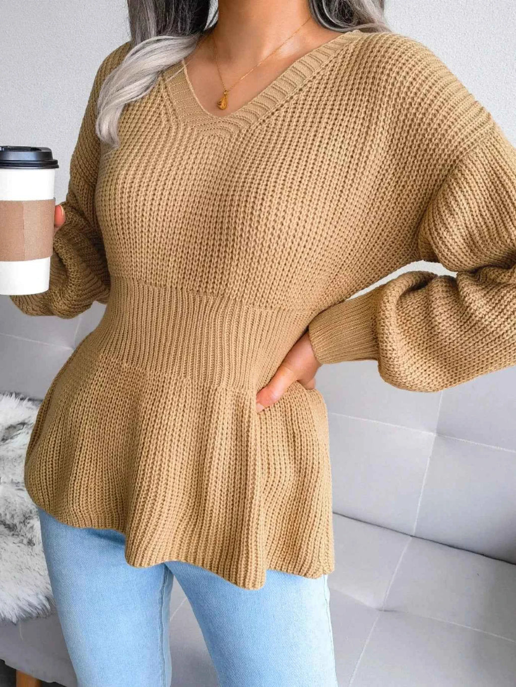 V-Neck Dropped Shoulder Sweater 74e932b8-032b-4e20-979a-8464f89add25-Max-Origin