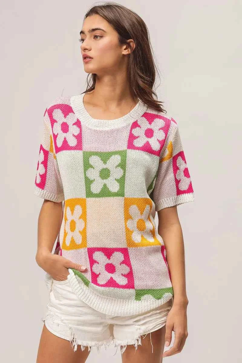 BiBi Flower Checker Pattern Lightweight Sweater Top 74f32b84d2d647e68be7182f72eb4691-Max-Origin