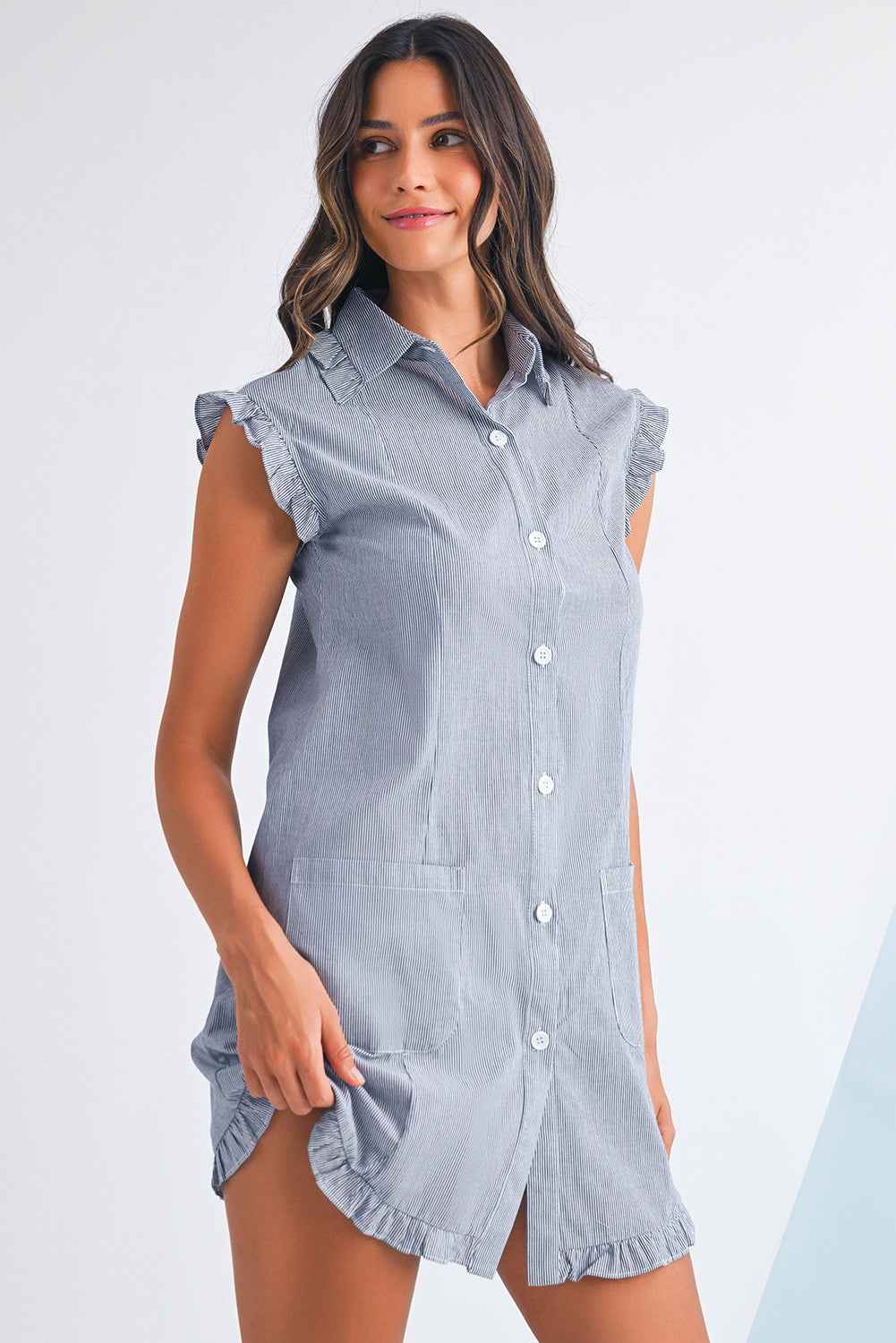 Green Stripe Frill Trim Pocket Button Up Mini Dress 74fa617169350ded