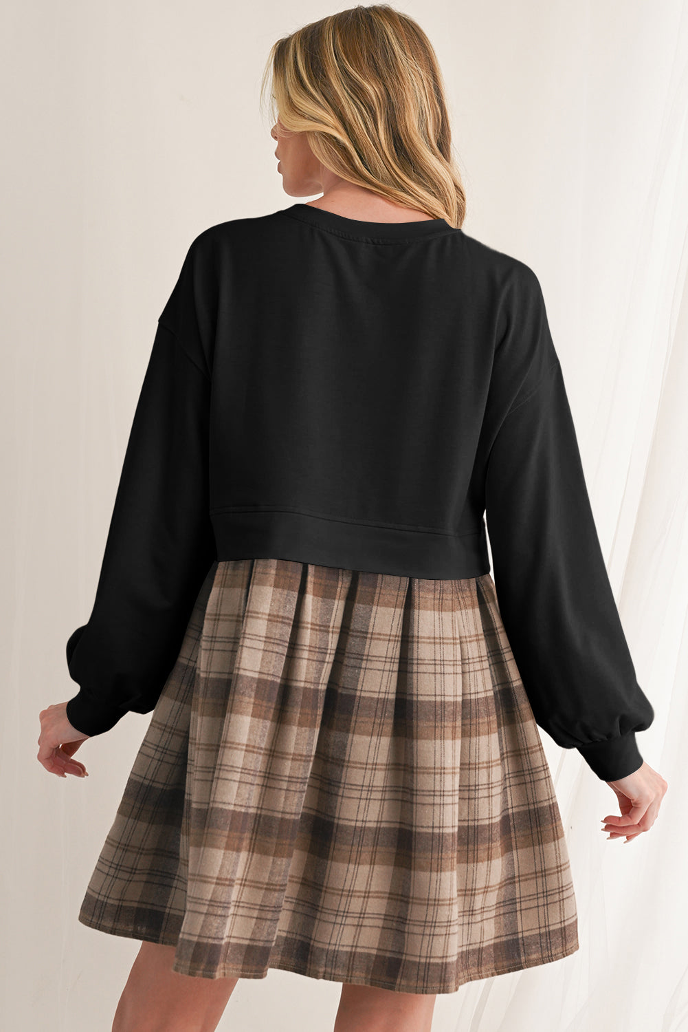 Black Plaid Patchwork High Waist Sweatshirt Mini Dress 74ff3c18b6c6ba99