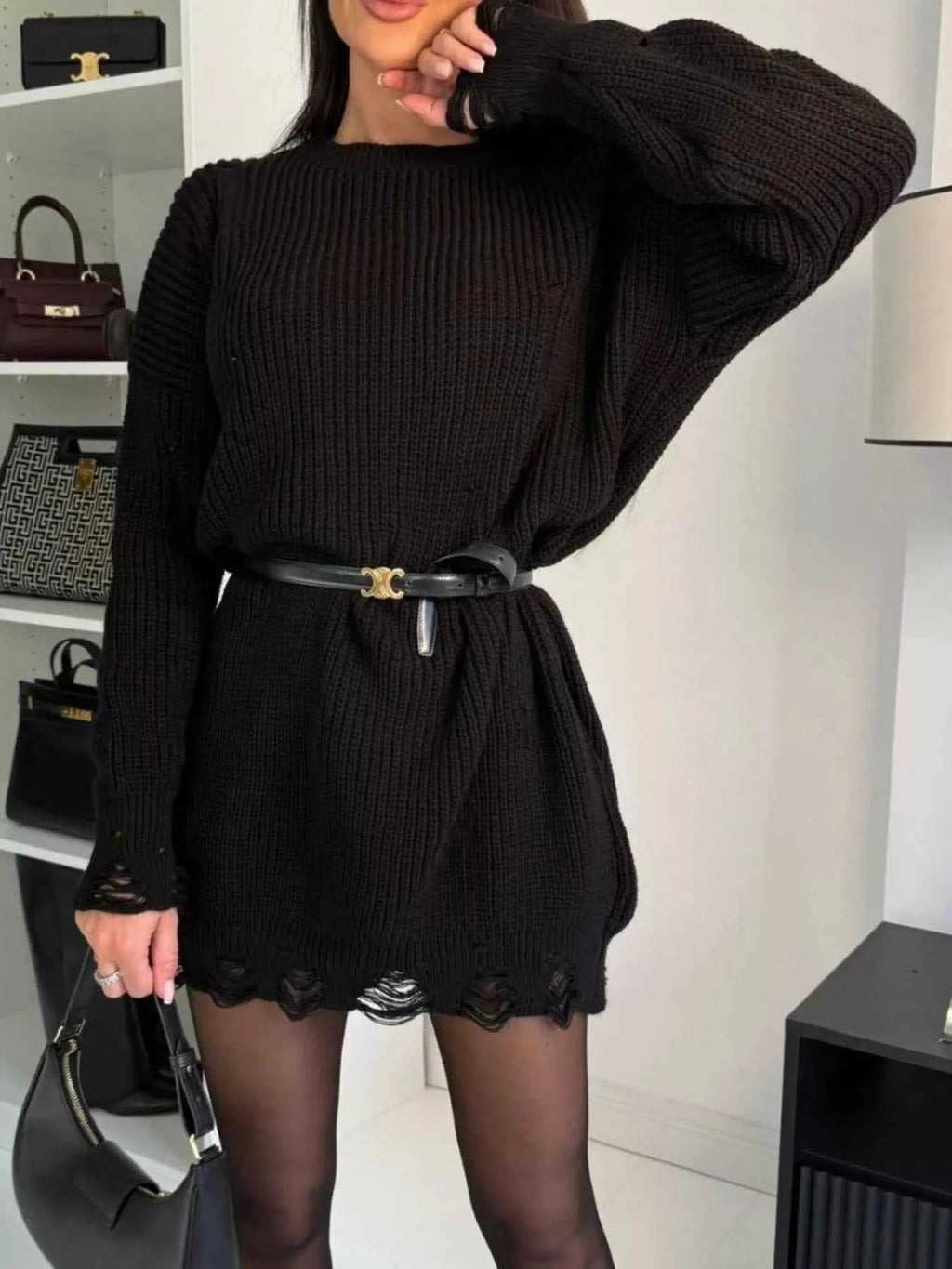 Distressed Round Neck Drop Shoulder Sweater Dress 74ffb14e-0391-4ca2-a39e-1abf9a0bca9d-Max-Origin