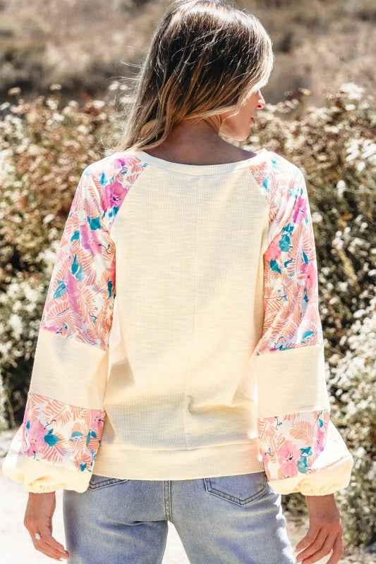 Floral Patchwork Balloon Sleeve Textured Blouse 7500a6ec-96c8-4927-a73c-3855378aeae5