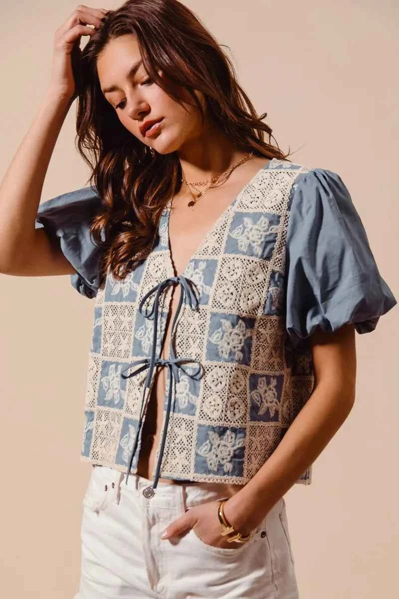 SO ME Crochet Lace Tie Front V Neck Blouse Top 750abed36e44483a849e642845808b9c-Max-Origin