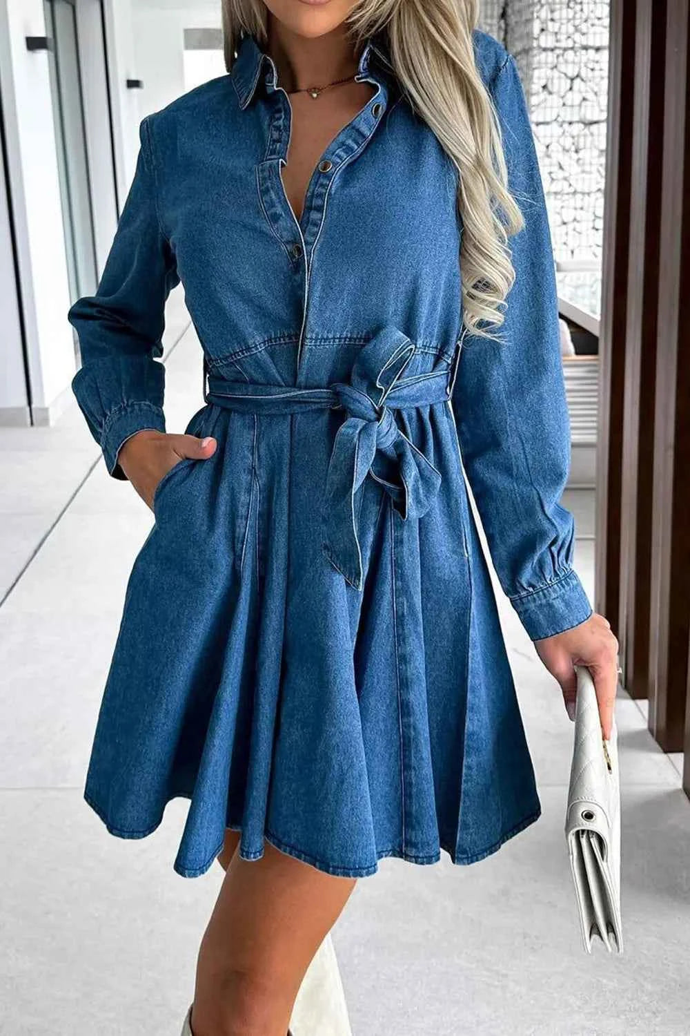 Tied Half Button Long Sleeve Denim Dress Dusty Blue 7515f54d-6d0b-424d-bc42-87298b9ba9f7-Max