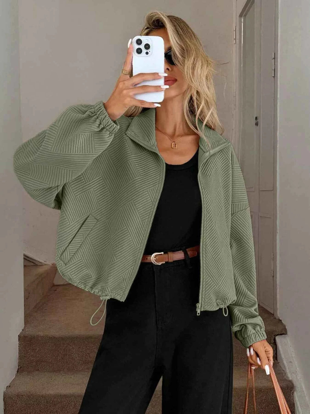 Drawstring Hem Textured Long Sleeve Jacket 752e3109ab7048b4becdd40dfc98f6fc-Max-Origin