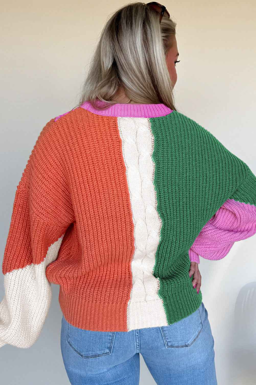 Desert Gold Colorblock Knit Drop Shoulder Loose Fit Sweater 753e5a9ced4e9117