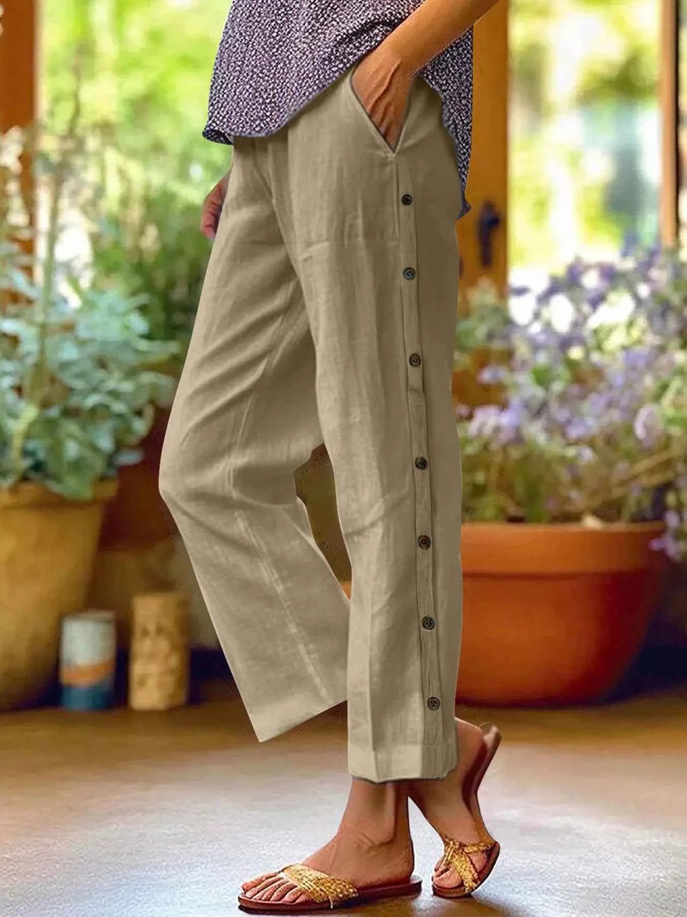 Full Size Side Decor Button Casual Wide Leg Pants Plus Size Khaki 7552a46a332749908b4c978d6cd98cb6-Max-Origin