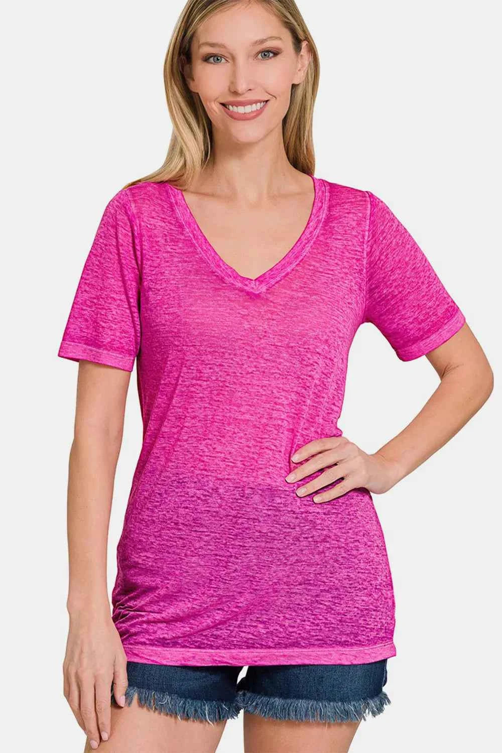 Zenana V-Neck Short Sleeve T-Shirt HOT PINK 755f6237-fa5b-4c01-88a1-309bc6b2aa10-Max