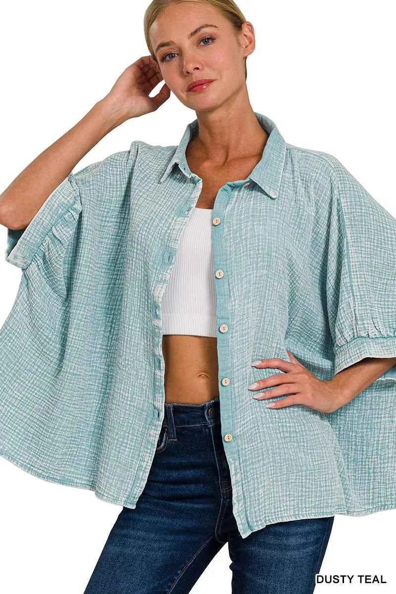 Zenana Washed Double Gauze Button Down Half Sleeve Shirt 7562fee2688546b58de07bb46eb153b7-Max-Origin