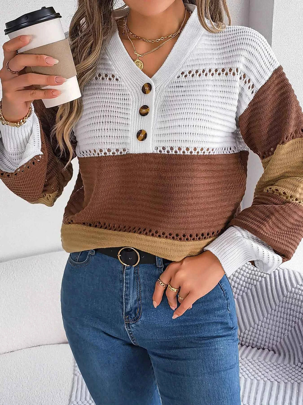 Color Block Striped V-Neck Button Detail Sweater 75667180f6004ad9800f3fab4c02a888-Max-Origin