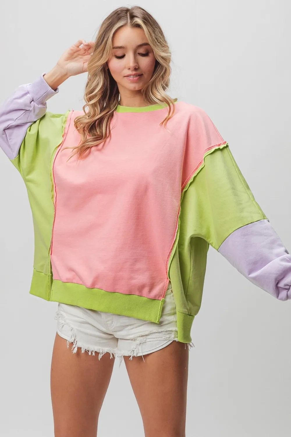 BiBi Washed Color Block Sweatshirt Pink Lime Lavender 757a0bc7-3868-4562-b3d6-eb25c4e2d974-Max