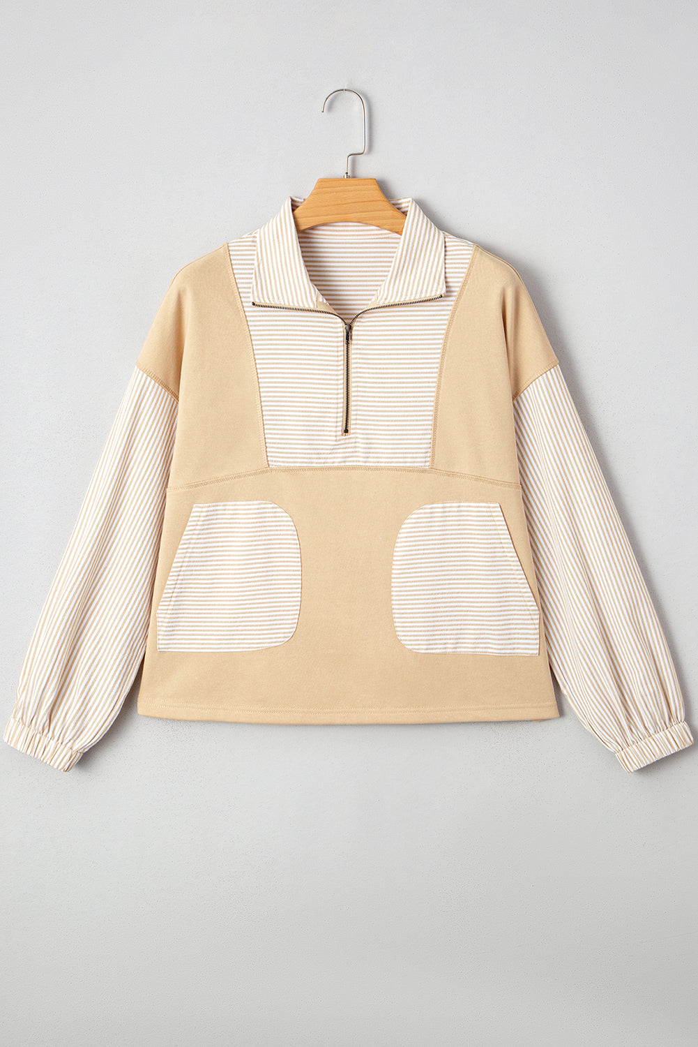 Smoke Gray Striped Patchwork Zip Collar Long Sleeve Top 7597b358f86d0907