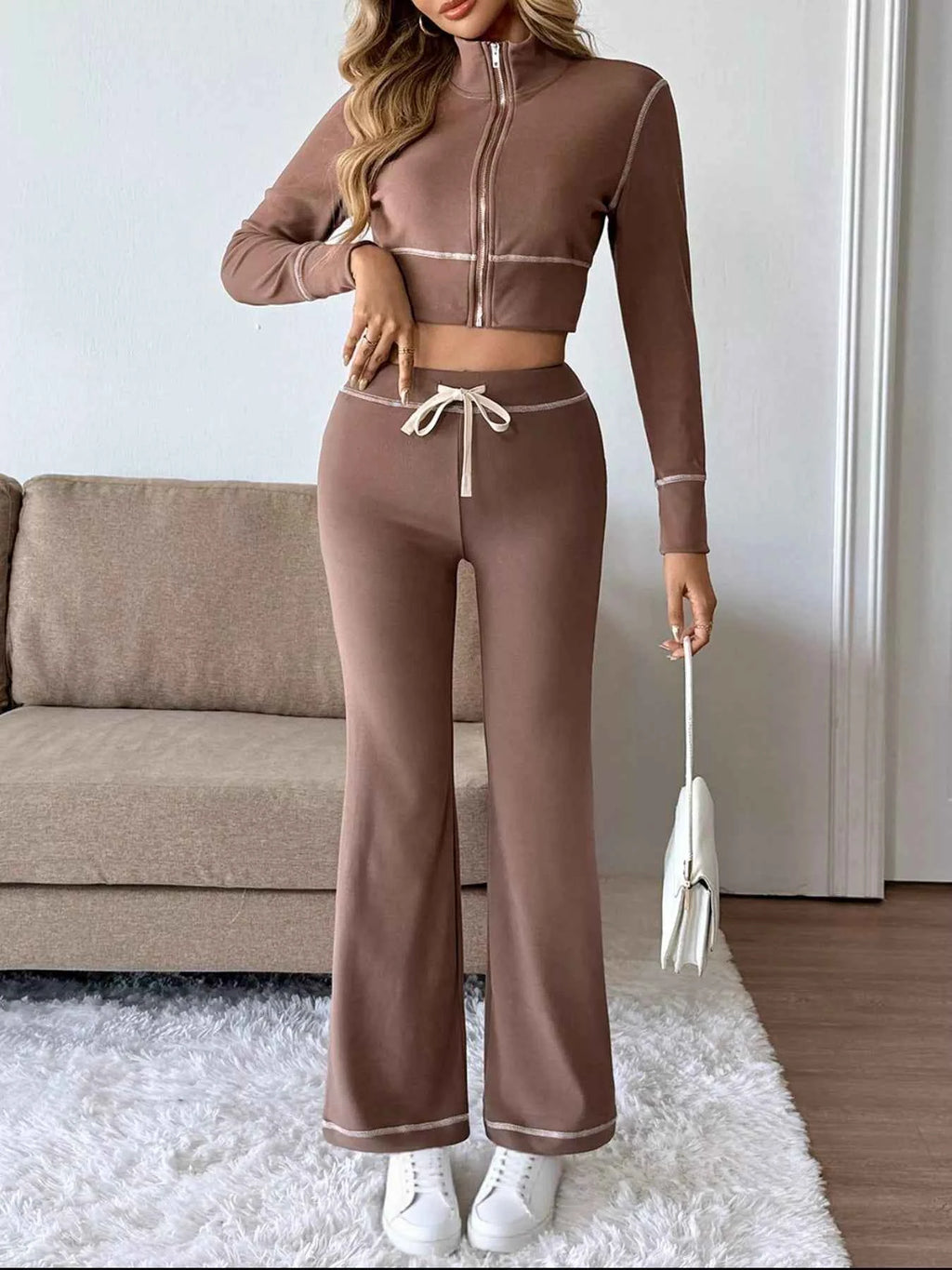 Zip Up Long Sleeve Top and Pants Set Coffee Brown 75b24f6f-b6ee-4716-be79-d20047f49b51-Max-Origin