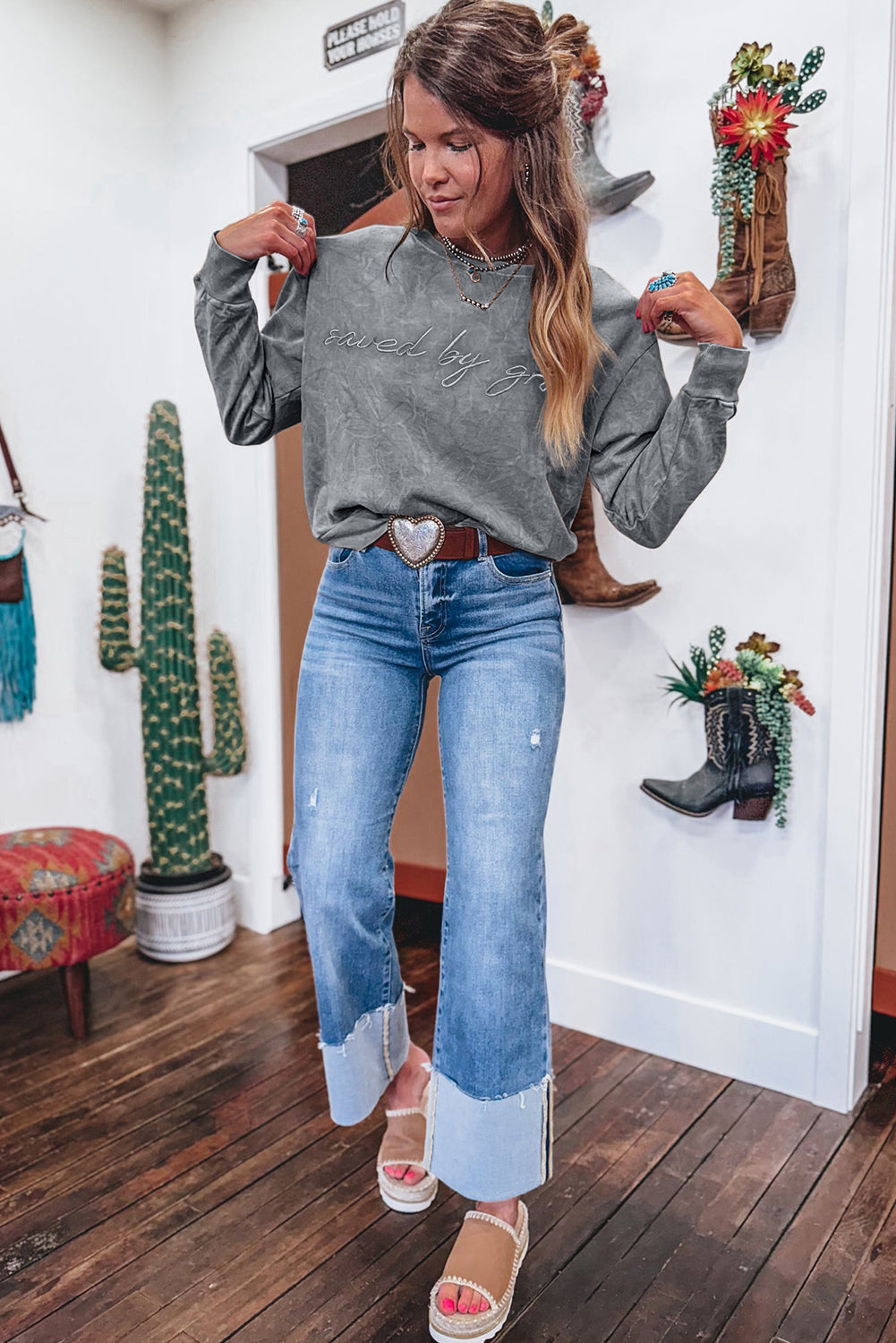 Sea Green saved by grace Letter Embroidery Mineral Wash Loose Sweatshirt 75b7de75d2026aa1