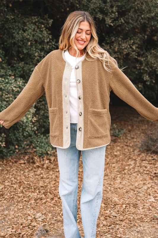 Fleece Corduroy Patchwork Button Up Jacket