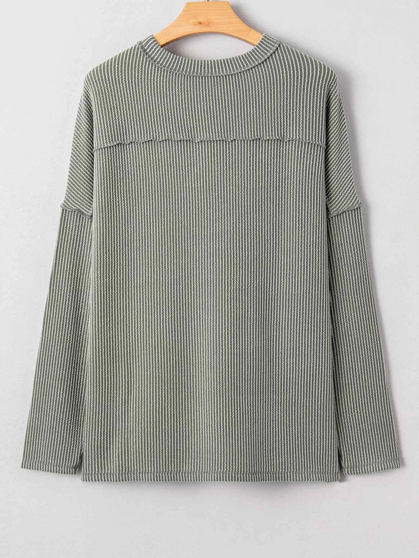 Twist Ribbed Exposed Seam Detail Long Sleeve Loose Top 7625e671209e423baed8e2ce98158036-Max-Origin