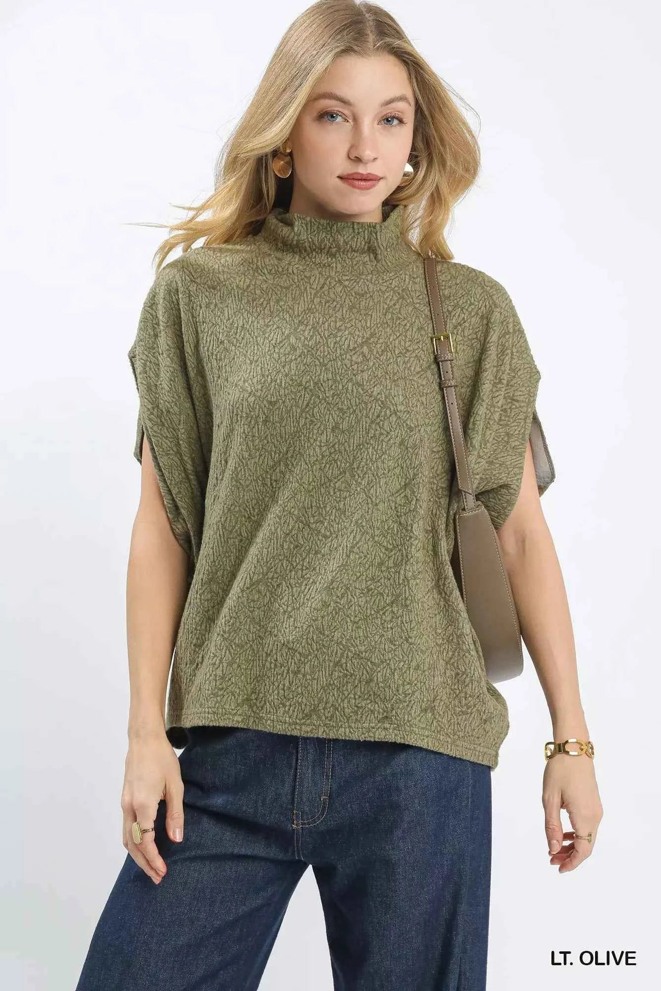Umgee Textured Mock Neck Relaxed Top LT. OLIVE 76260696-9b7c-460f-933e-650b555faea2-Max-Origin