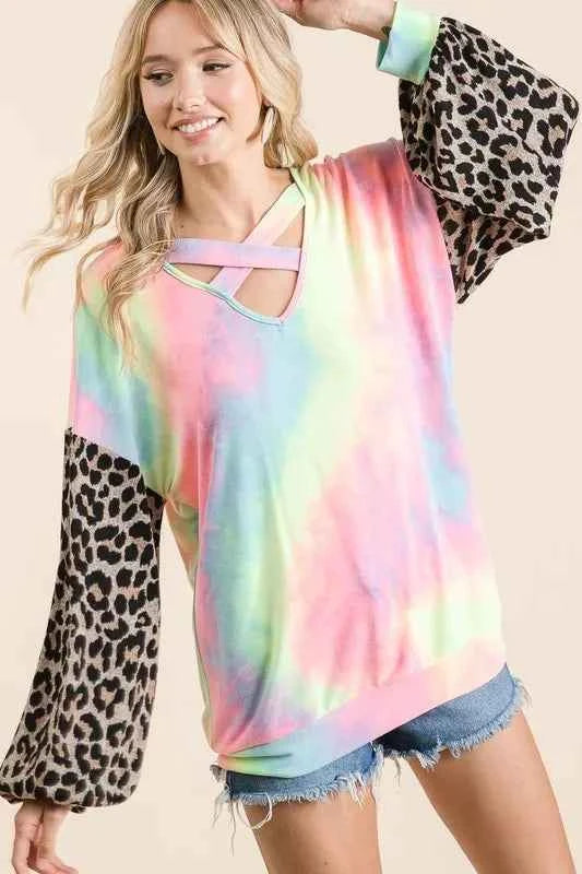 BiBi Tie Dye Terry Top with Leopard Puff Sleeves 762761353b904182b8c97187cc957b6f-Max-Origin