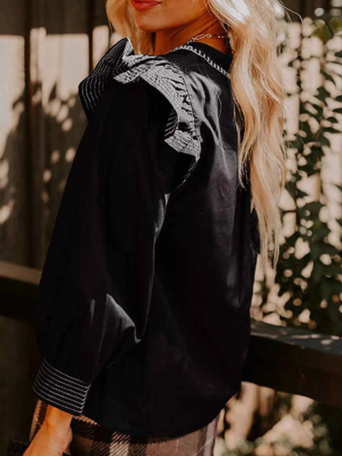 Ruffled Notched Long Sleeve Blouse 762882a3-0839-4f79-b88f-a6e65d86767f-Max-Origin