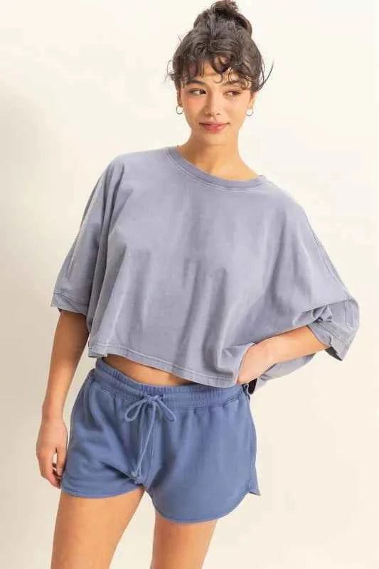 HYFVE Lightweight Round Neck Batwing Sleeve T-Shirt DUSTY INDIGO 7628a108-a409-48ca-87b5-6aca8e8f8545-Max