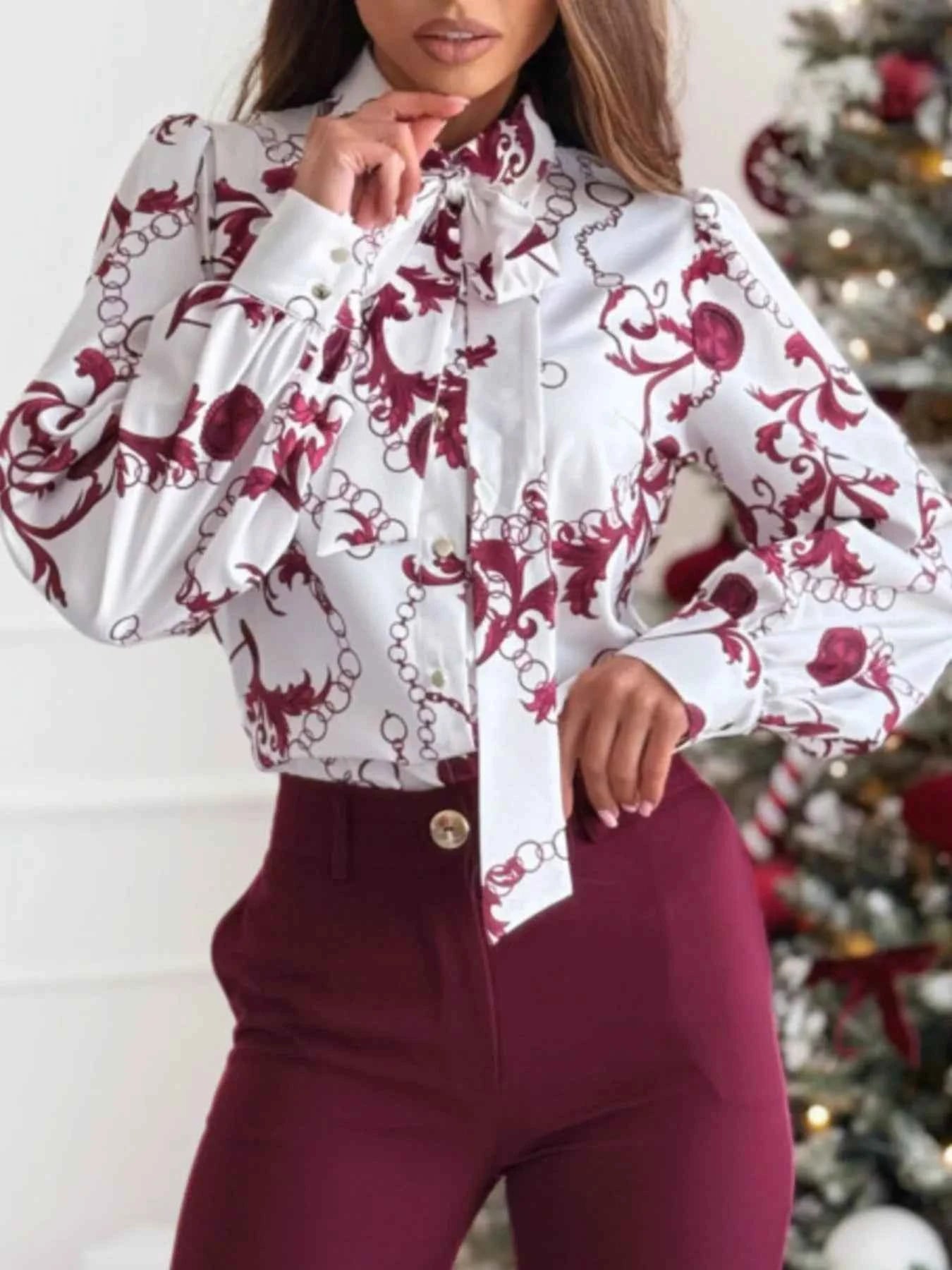 Tie Front Printed Long Sleeve Shirt 76311005-e5ce-41eb-8991-c8b2981c2caa-Max-Origin