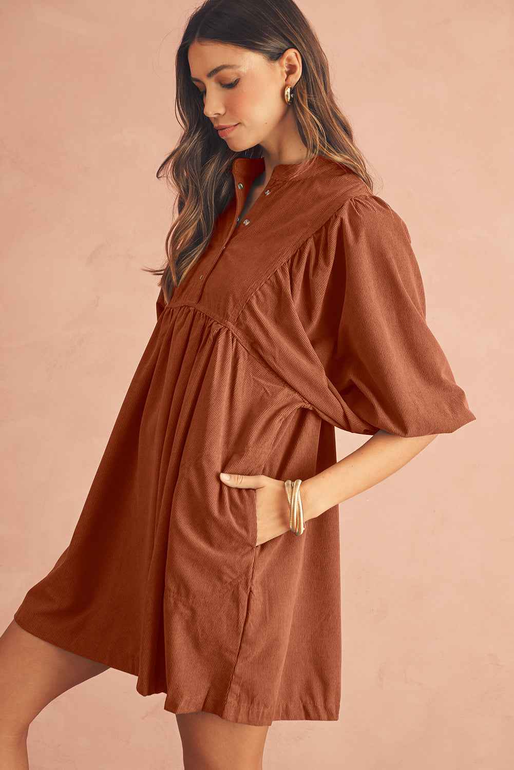 Gold Flame Light Snap Button Empire Waist Lantern Sleeve Corduroy Dress 7639a999d13a7143